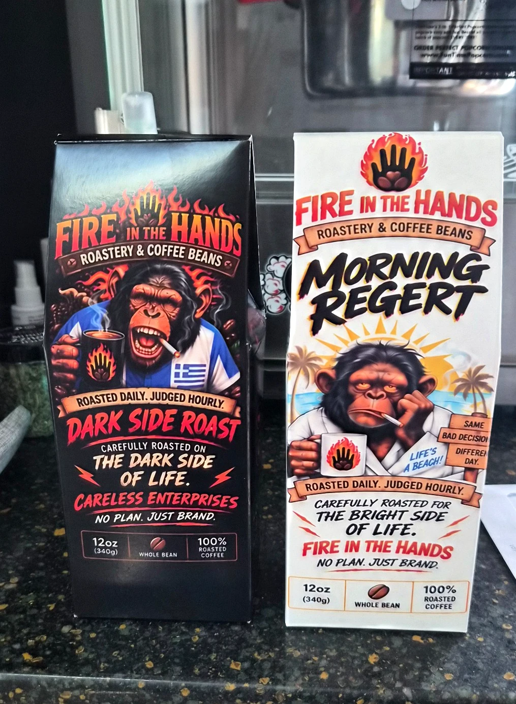 Dark Side Roast and Morning Regret prototype coffee packages